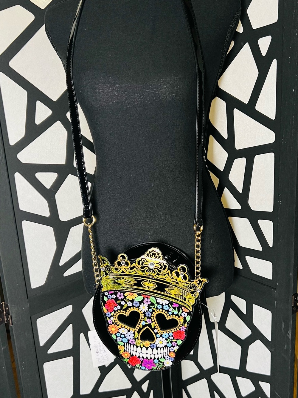 Betsey Johnson Black w/Gold Kitsch Halloween Queen Sugar Skull Crossbody NWT